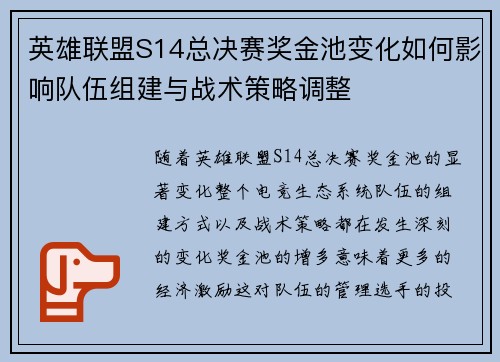 英雄联盟S14总决赛奖金池变化如何影响队伍组建与战术策略调整 英雄联盟S14总决赛奖金池变化如何影响队伍组建与战术策略调整
